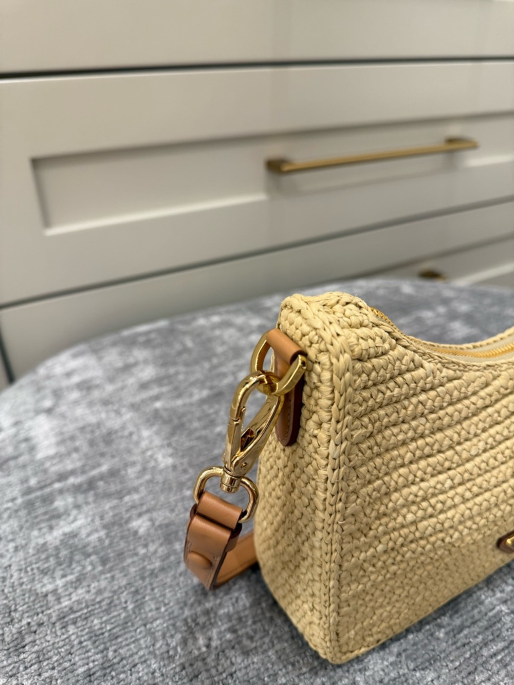 Prada Beige Woven Crochet Shoulder Bag with Brown Leather Strap - Picture 5 of 9